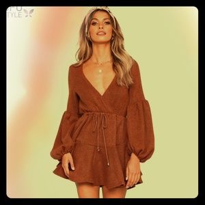 Rust Faux Suede Deep V-Neck Boho Mini Dress